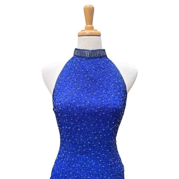 VTG Y2K Beaded Dress Gown Sz 12 Blue Maxi Bodycon Glam Fairycore Evening Formal - Picture 3 of 16